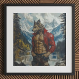 Wolfgang - Gay Wolf Art Print / Canvas Framed Painting Muscular Werewolf Red Jacket Lake Mountains, Wild Hymn Carved, Prints