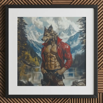 Wolfgang - Gay Wolf Art Print / Canvas Framed Painting Muscular Werewolf Red Jacket Lake Mountains, Wild Hymn Carved, Prints