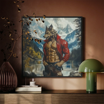 Wolfgang - Gay Wolf Art Print / Canvas Framed Canvas Painting Muscular Werewolf Red Leather Jacket Gay Wolf Art, Wild Hymn Carved, Art Print