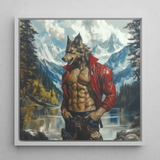 Wolfgang - Gay Wolf Art Print / Canvas Framed Painting Muscular Werewolf Red Leather Jacket Lake Gay Wolf Art, Wild Hymn Carved, Art Print