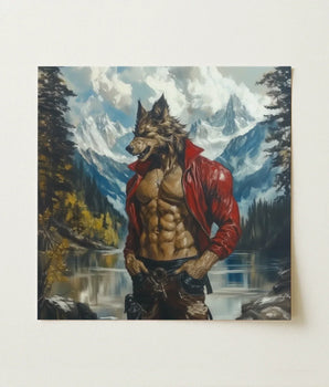 Vibrant Red Leather Jacket Worn Muscular Wolf-man Character Gay Wolf Art, Wild Hymn Carved, Print