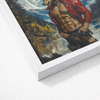 White Framed Artwork Muscular Red-jacketed Wolf-like Figure Mountainous Gay Wolf Art, Wild Hymn Carved, Print