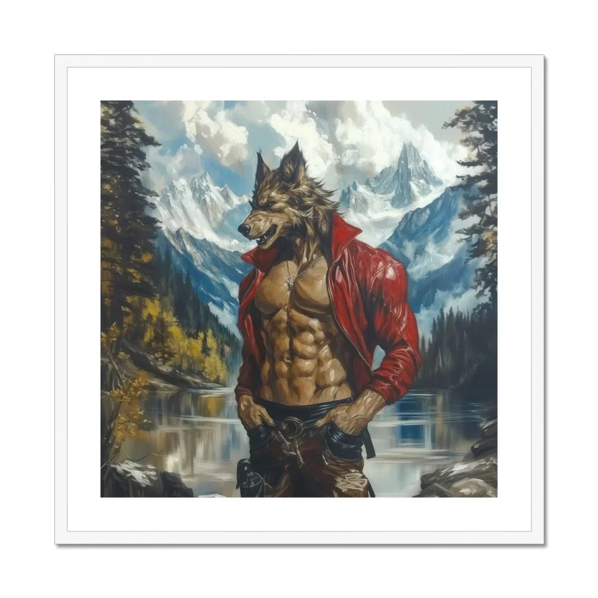Wolfgang Gay Wolf Art Print, Muscular Anthropomorphic Wolf Open Red Jacket Jeans