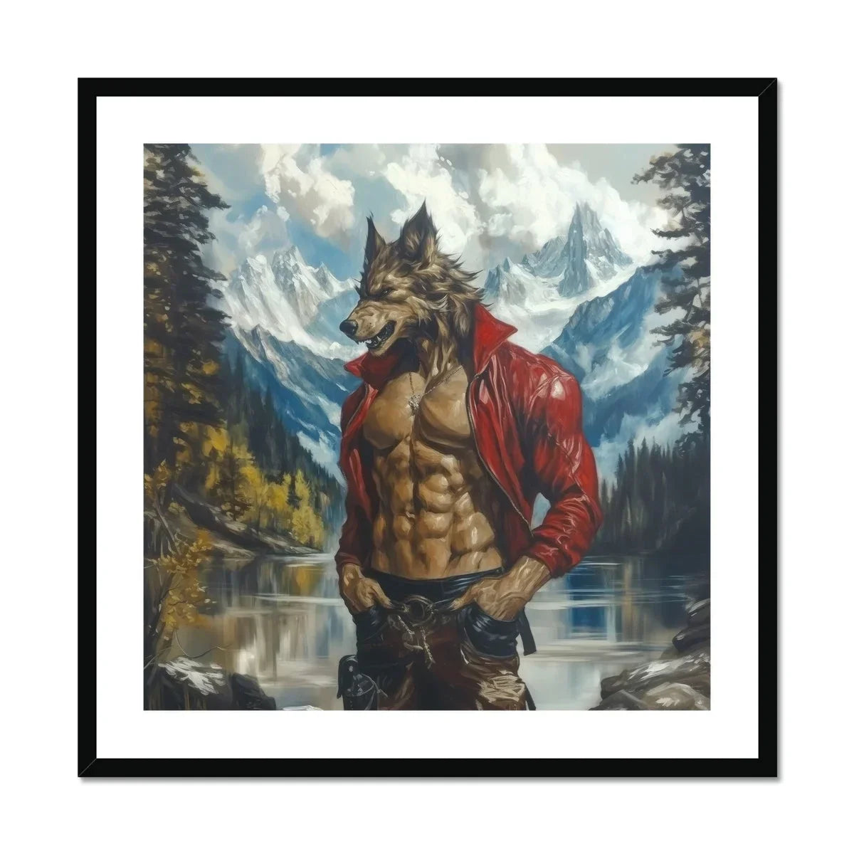 Wolfgang Gay Wolf Art Print, Muscular Anthropomorphic Wolf Open Red Leather Jacket