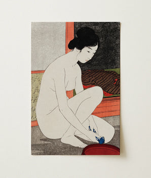 Rectangular Japanese Woodblock Print Nude Woman Black Hair Art, Cobalt Sits Low, Goyo Hashiguchi, Cold Shock, Goyō