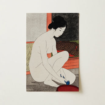 Rectangular Japanese Woodblock Print Nude Woman Black Hair Art, Cobalt Sits Low, Goyo Hashiguchi, Cold Shock, Goyō