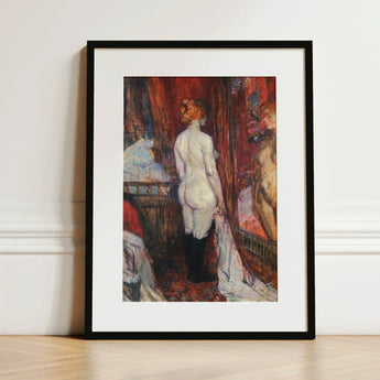 Woman Before a Mirror - Henri De Toulouse-lautrec Art Print / Canvas Black-framed White Attire Red Curtains Rue Des Moulins, Maison, Close,
