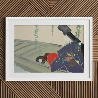 Woman in a Boat - Kamisaka Sekka Art Print / Canvas Blue Red Kimono Floral Pattern White Frame, Lacquered Hull Prints