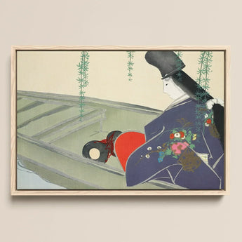 Woman in a Boat - Kamisaka Sekka Art Print / Canvas Framed Artwork Traditional Japanese Figure Navy Blue Kimono, Lacquered Hull Prints