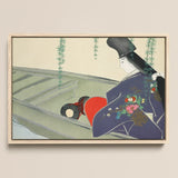 Woman in a Boat - Kamisaka Sekka Art Print / Canvas Framed Artwork Traditional Japanese Figure Navy Blue Kimono, Lacquered Hull Prints