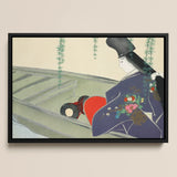 Woman in a Boat - Kamisaka Sekka Art Print / Canvas Framed Japanese-style Artwork Figure Traditional Attire Floral Embroidery, Lacquered