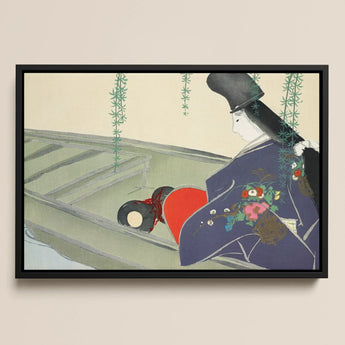 Woman in a Boat - Kamisaka Sekka Art Print / Canvas Framed Japanese-style Artwork Figure Traditional Attire Floral Embroidery, Lacquered