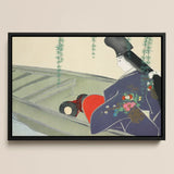 Woman in a Boat - Kamisaka Sekka Art Print / Canvas Framed Japanese-style Artwork Figure Traditional Attire Floral Embroidery, Lacquered
