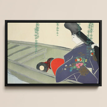 Woman in a Boat - Kamisaka Sekka Art Print / Canvas Framed Japanese-style Artwork Figure Traditional Attire Floral Embroidery, Lacquered