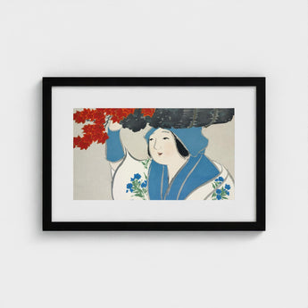 Woman from Momoyogusa - Kamisaka Sekka Meiji Art Print / Canvas Black-framed Artwork Stylized Illustration Blue White Traditional, Era’s