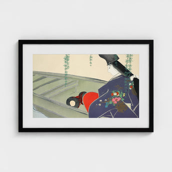 Woman in a Boat - Kamisaka Sekka Art Print / Canvas Black-framed Stylized Illustration Figure Dark Blue, Lacquered Hull Prints