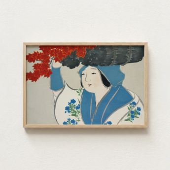 Framed Artwork Woman Traditional Blue White Attire Floral Kamisaka Sekka, Meiji Era’s Artistic Renaissance, Sekka’s