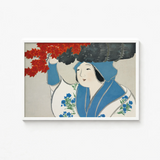 Framed Artwork Woman Traditional Blue White Attire Adorned Kamisaka Sekka, Meiji Era’s Artistic Renaissance, Sekka’s