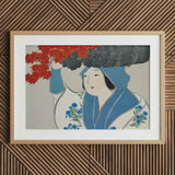 Woman from Momoyogusa - Kamisaka Sekka Meiji Art Print / Canvas Framed Artwork Traditional Attire Blue Floral Patterns, Era’s Artistic