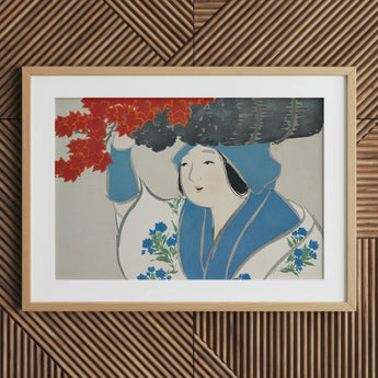 Woman from Momoyogusa - Kamisaka Sekka Meiji Art Print / Canvas Framed Artwork Traditional Attire Blue Floral Patterns, Era’s Artistic