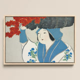Woman from Momoyogusa - Kamisaka Sekka Meiji Art Print / Canvas Framed Artwork Woman Traditional Attire Blue Floral Patterns Kamisaka