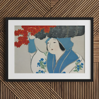 Woman from Momoyogusa - Kamisaka Sekka Meiji Art Print / Canvas Framed Artwork Woman Traditional Blue White Attire Floral Kamisaka Sekka,