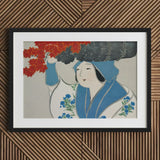 Woman from Momoyogusa - Kamisaka Sekka Meiji Art Print / Canvas Framed Artwork Traditional Blue White Attire Floral, Era’s Artistic