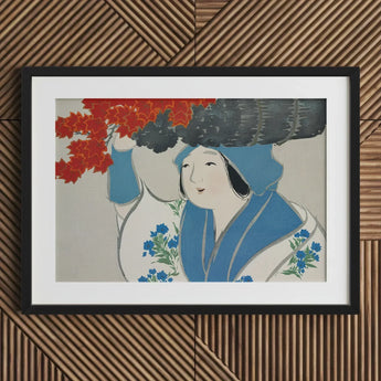 Woman from Momoyogusa - Kamisaka Sekka Meiji Art Print / Canvas Framed Artwork Traditional Blue White Attire Floral, Era’s Artistic