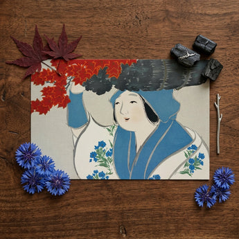 Woman from Momoyogusa - Kamisaka Sekka Meiji Art Print / Canvas Rectangular Illustration Card Stylized Woman Blue White Attire Kamisaka