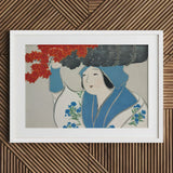 Woman from Momoyogusa - Kamisaka Sekka Meiji Art Print / Canvas White-framed Artwork Stylized Blue White Traditional Attire, Era’s Artistic