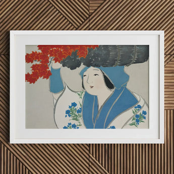 Woman from Momoyogusa - Kamisaka Sekka Meiji Art Print / Canvas White-framed Artwork Stylized Blue White Traditional Attire, Era’s Artistic