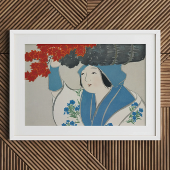 Woman from Momoyogusa - Kamisaka Sekka Meiji Art Print / Canvas White-framed Artwork Stylized Woman Blue White Traditional Attire Kamisaka