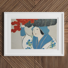 Woman from Momoyogusa - Kamisaka Sekka Meiji Art Print, Framed Japanese Artwork Figure Blue Kimono Red Maple