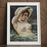 The Woman in Waves - Gustave Courbet Art Print / Canvas Framed Reproduction Classical Painting Nude Reddish-brown Hair, Pulls, English