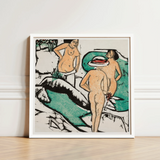 Women Bathing Between White Stones - Ernst Ludwig Kirchner Art Print / Canvas Framed Artwork Two Nude Figures Stylized Earth-toned, Spent,
