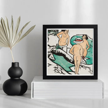Women Bathing Between White Stones - Ernst Ludwig Kirchner Art Print / Canvas Black-framed Artwork Stylized Colorful Nude Figures Abstract,
