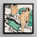 Women Bathing Between White Stones - Ernst Ludwig Kirchner Art Print / Canvas Black-framed Artwork Two Nude Figures Stylized Graphic Style,