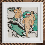 Women Bathing Between White Stones - Ernst Ludwig Kirchner Art Print / Canvas Framed Artwork Stylized Nude Figures Warm Skin Tones, Spent,