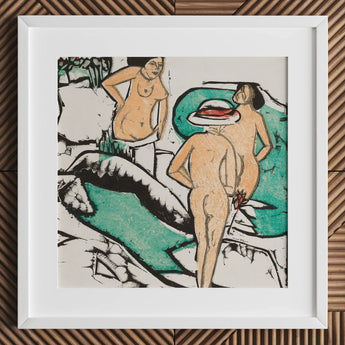 Women Bathing Between White Stones - Ernst Ludwig Kirchner Art Print / Canvas Framed Artwork Stylized Nude Figures Warm Skin Tones, Spent,
