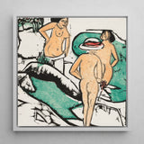 Women Bathing Between White Stones - Ernst Ludwig Kirchner Art Print / Canvas Framed Artwork Two Nude Figures Stylized Abstract