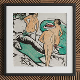 Women Bathing Between White Stones - Ernst Ludwig Kirchner Art Print / Canvas Framed Artwork Two Nude Figures Stylized Graphic, Spent,