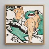 Women Bathing Between White Stones - Ernst Ludwig Kirchner Art Print / Canvas Square-framed Artwork Stylized Nude Figures Warm Beige Tones,