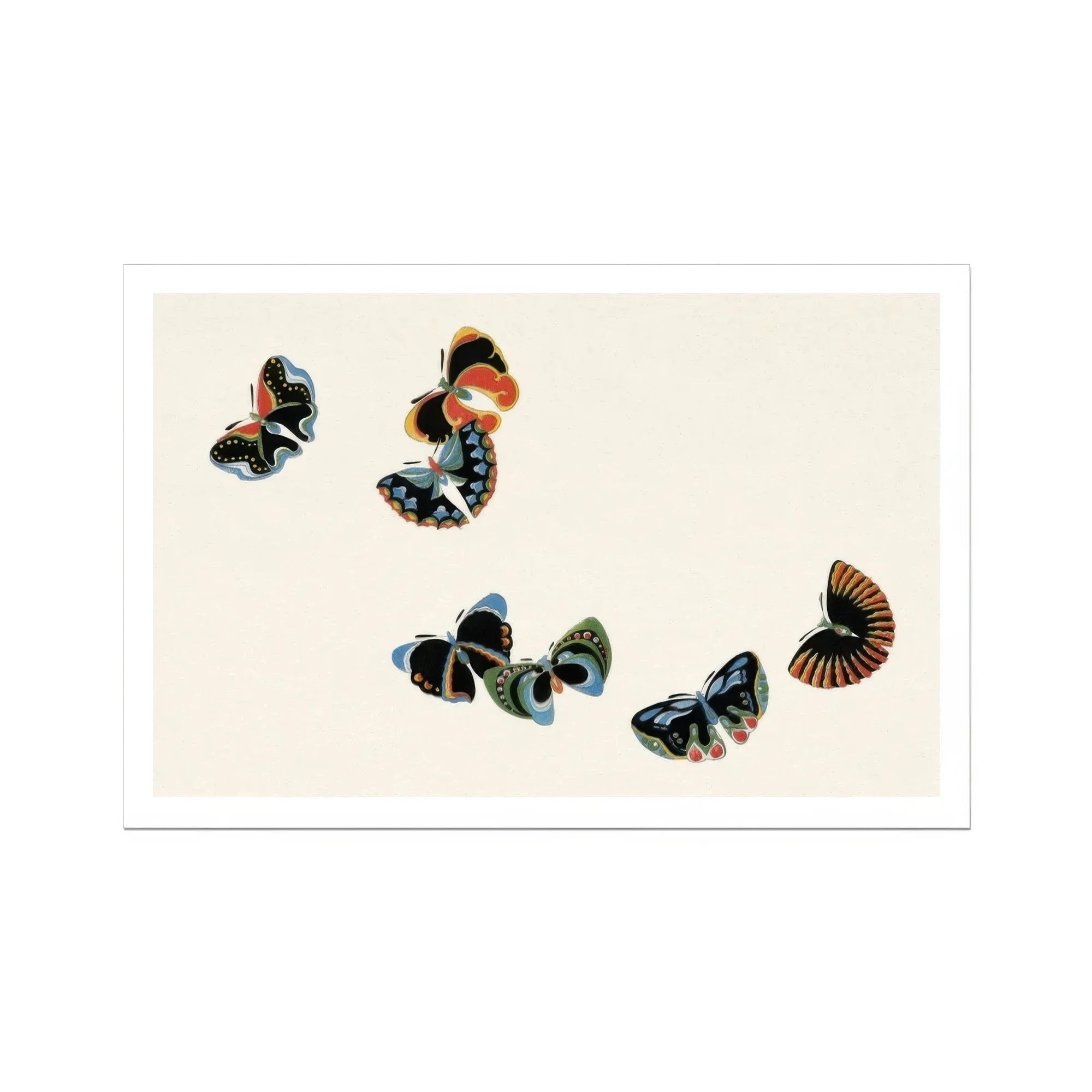 Woodblock Butterflies - Kamisaka Sekka Art Print, Butterflies Black Blue Orange Patterns