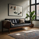 Woodblock Butterflies - Kamisaka Sekka Art Print, Black Leather Tufted Sofa Wooden Frame Arms