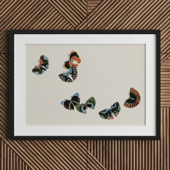 Woodblock Butterflies - Kamisaka Sekka Art Print / Canvas Black-framed Artwork Five Colorful Stylized Butterflies Beige Background Kamisaka