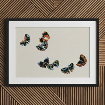 Woodblock Butterflies - Kamisaka Sekka Art Print / Canvas Black-framed Artwork Five Colorful Stylized Beige Background, Sekka’s, Meiji