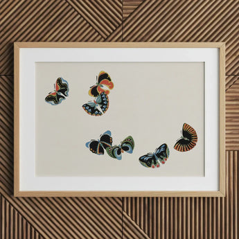 Woodblock Butterflies - Kamisaka Sekka Art Print / Canvas Framed Artwork Five Colorful Intricately Designed Beige, Sekka’s, Meiji Prints