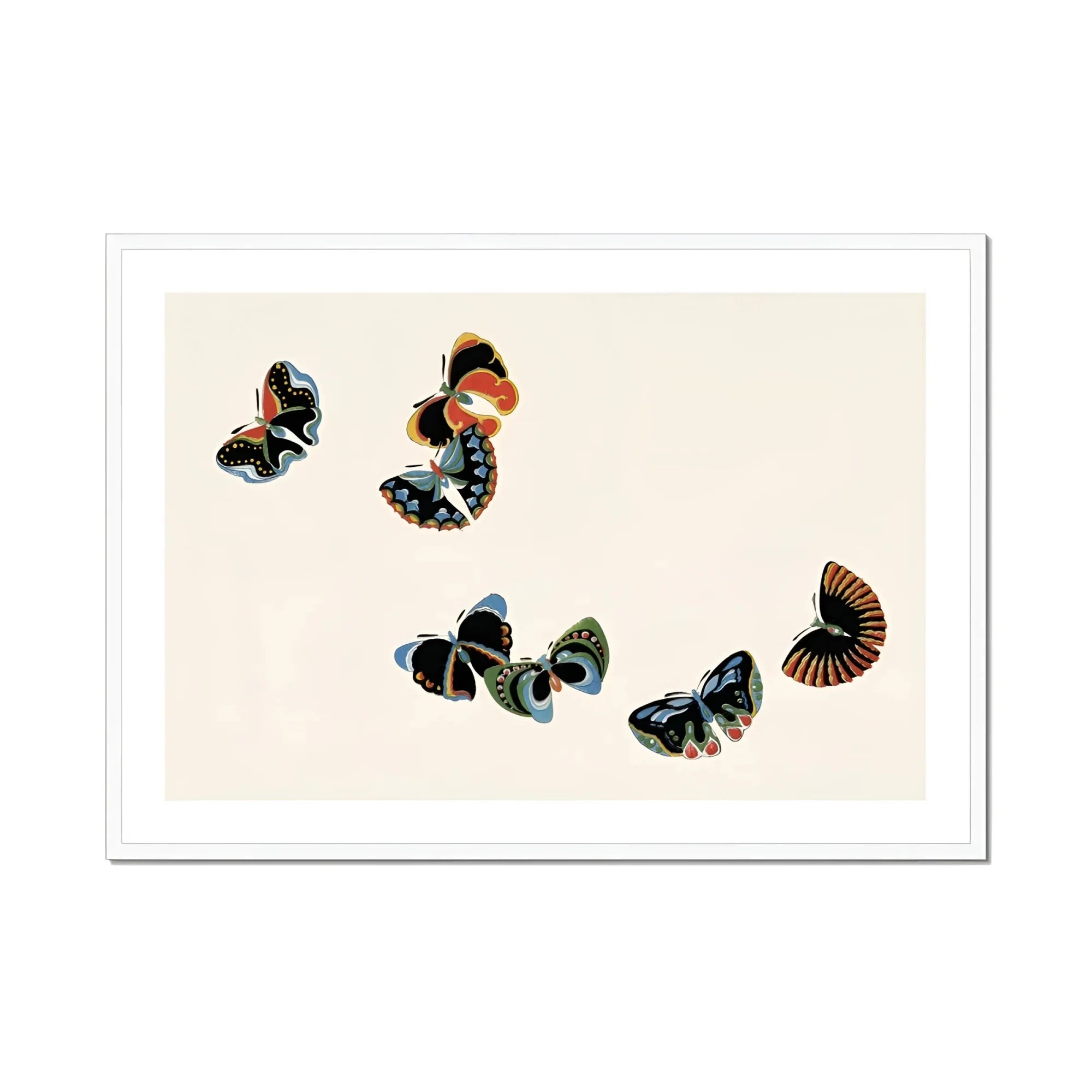 Woodblock Butterflies - Kamisaka Sekka Art Print, Colorful Butterflies Black Blue Orange Patterns