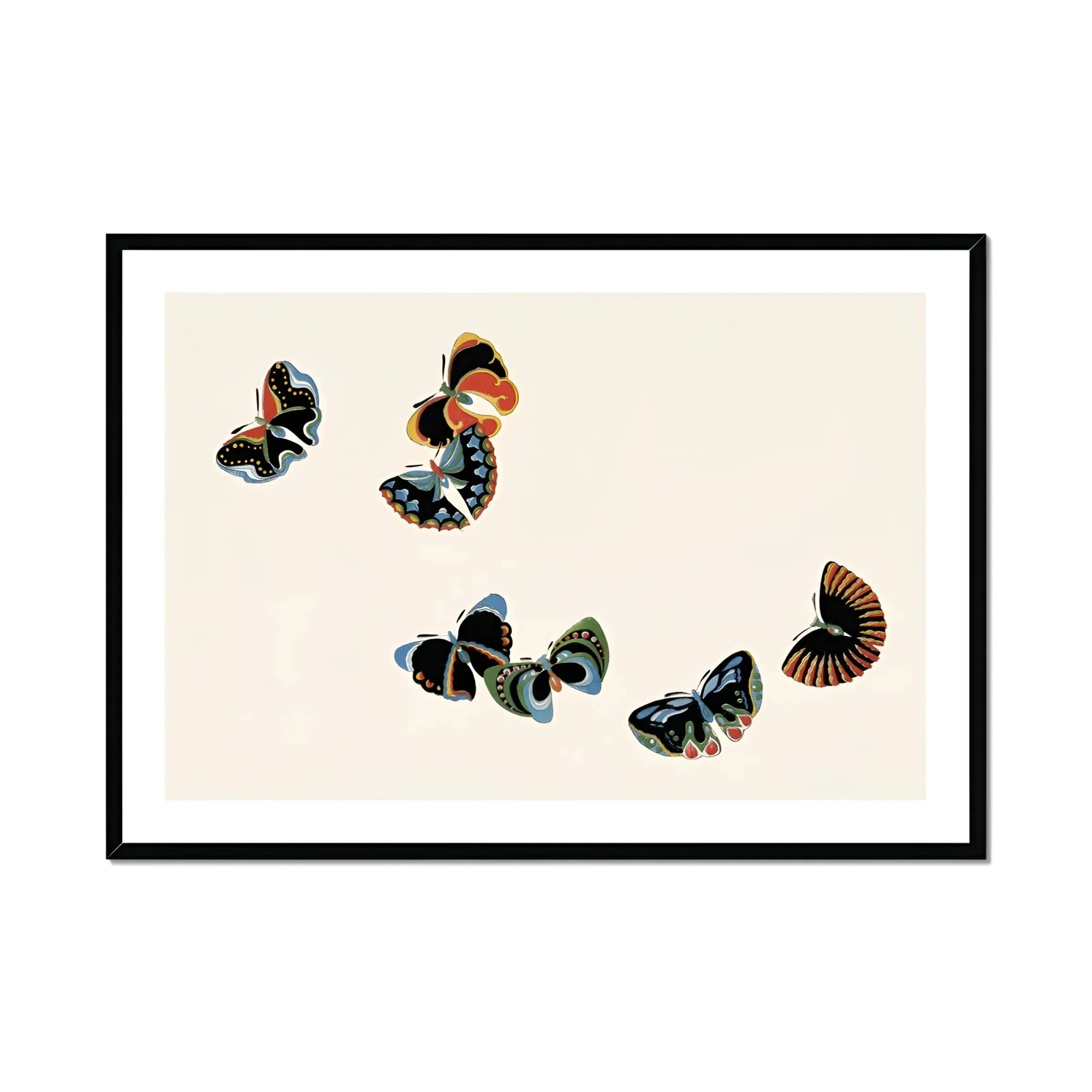 Woodblock Butterflies - Kamisaka Sekka Art Print, Framed Artwork Delicate Butterflies Black Blue Orange Tones