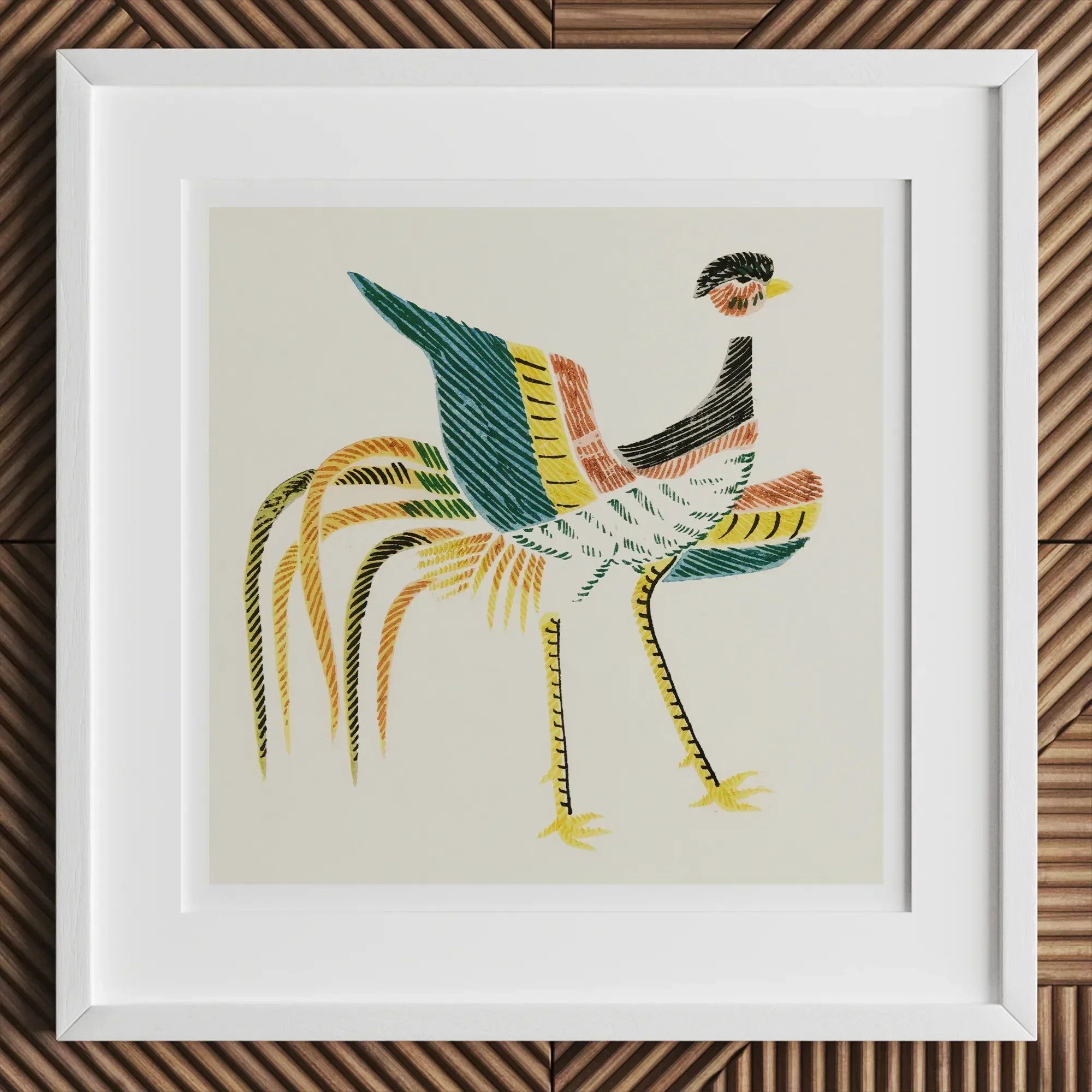 Woodblock Crane - Taguchi Tomoki Art Print, 12x12’’ / 31x31cm / White Frame / 2’’ Matboard, Framed Colorful Stylized Depiction Bird